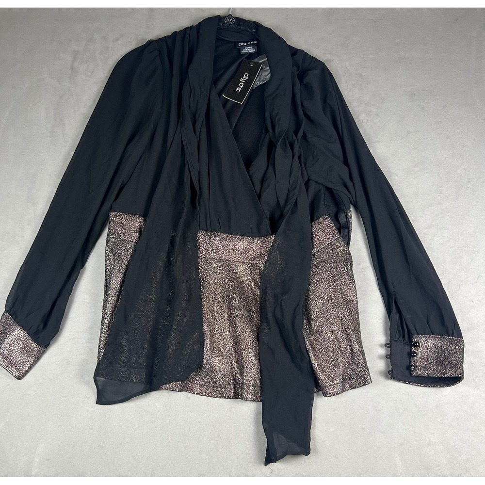 City Chic Plus Size XS 14 Black Metallic Peplum Wrap Blouse NWT Rose Gold Glam